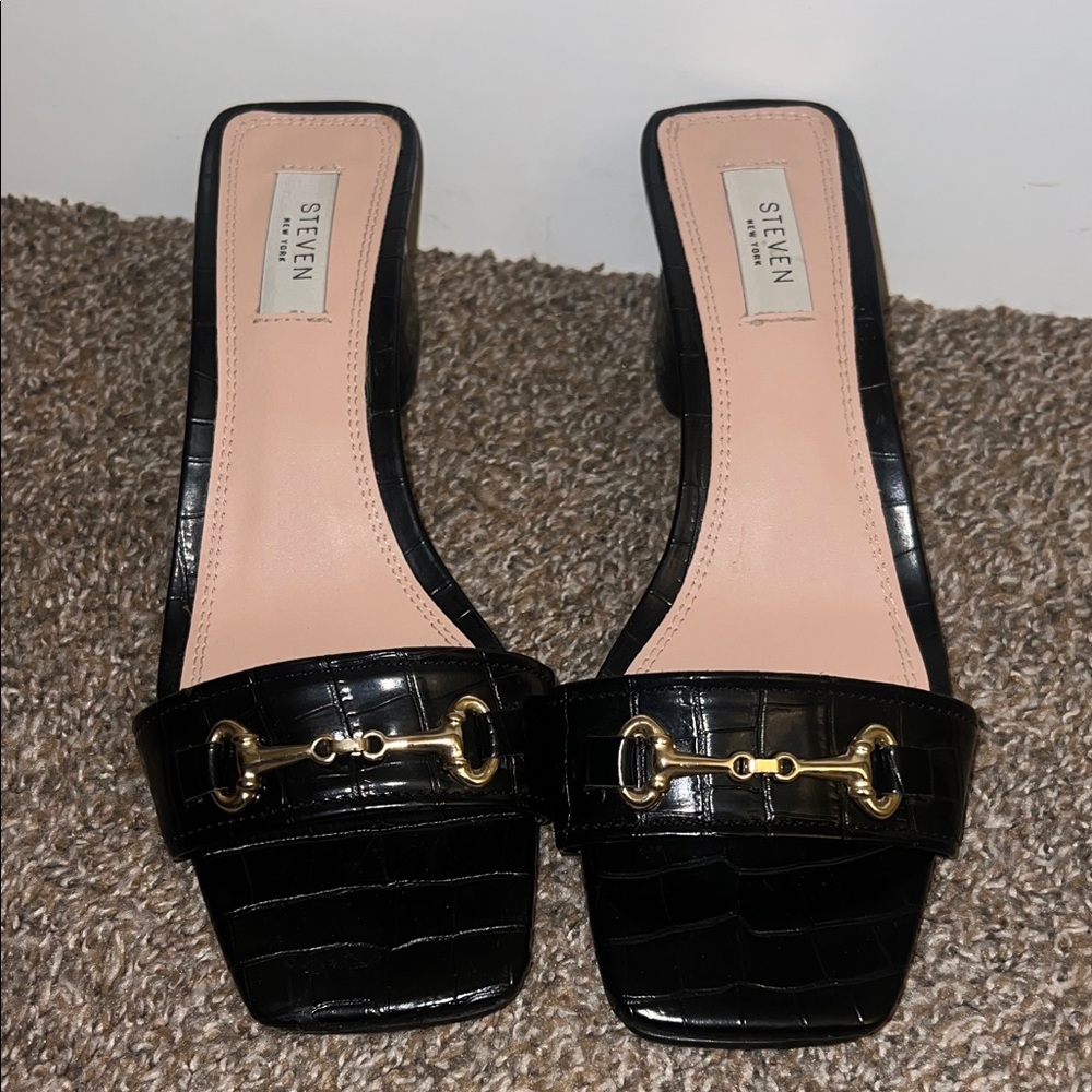 Steven NY Black Croc-Patterned Mules with Gold Detail; women’s 9 WORN ONCE